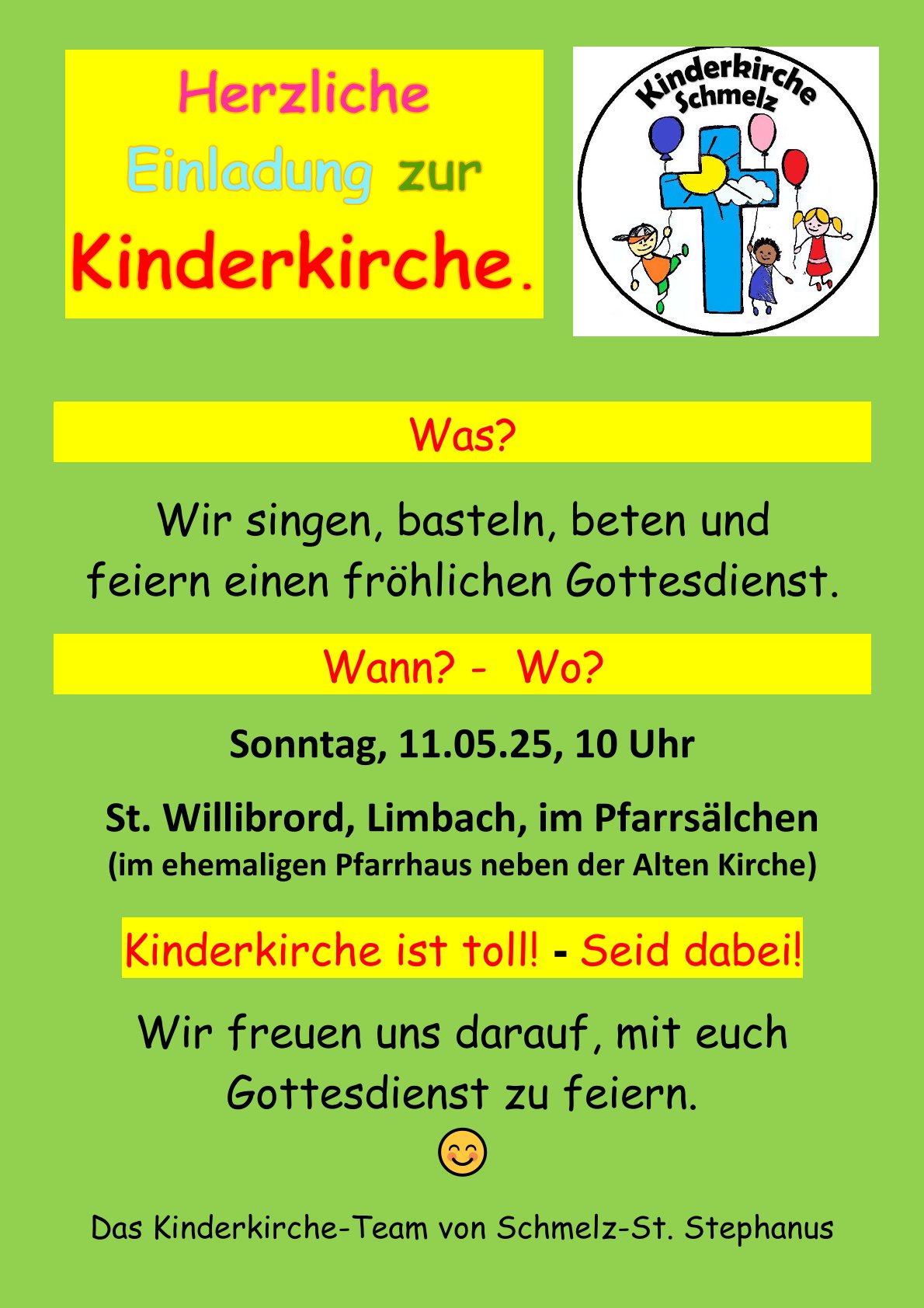 Auf dem Plakat wird zur Kinderkirche am 11.Mai 2025, um 10:00 Uhr in Limbach eingeladen