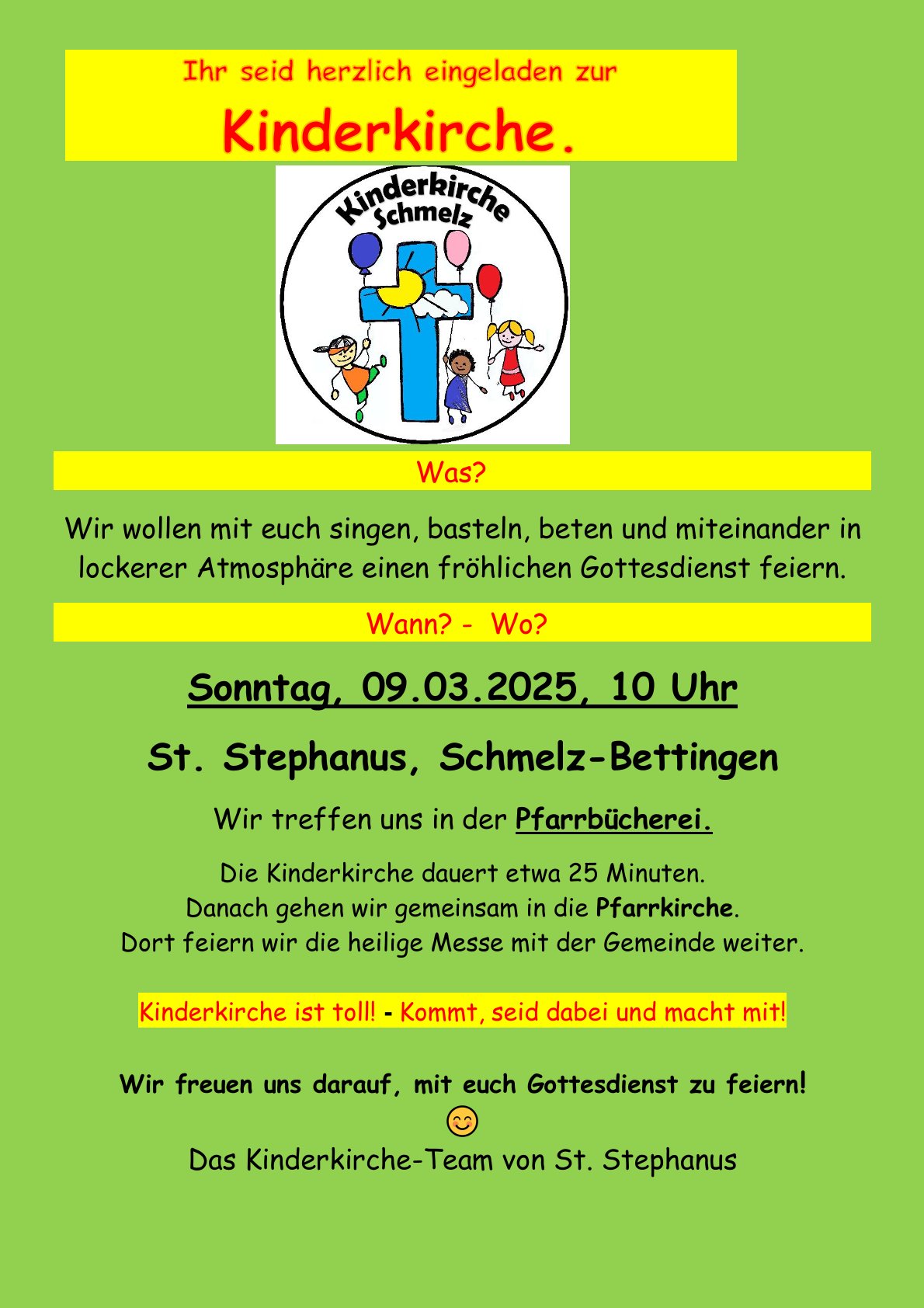 Auf dem Bild wird zur nächsten Kinderkirche eingeladen